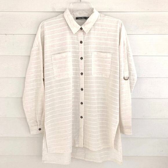 Anthropologie Doe & Rae NWT Striped Roll Cuff Sleeves Button Cotton Safari Top S - Picture 1 of 6